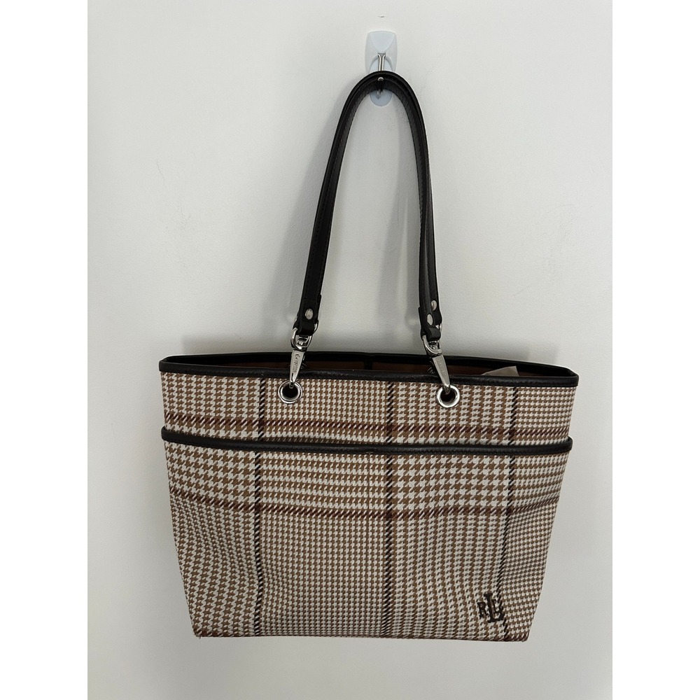 Lauren Ralph Lauren Brown Houndstooth Plaid Tote Bag Leather Trim Shoulder Bag - Picture 2 of 15